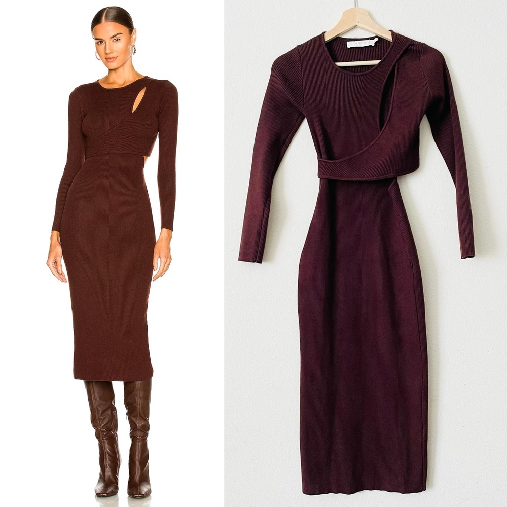 Revolve ASTR THE LABEL SMALL Alora brown ribbed asymmetrical midi knit dress